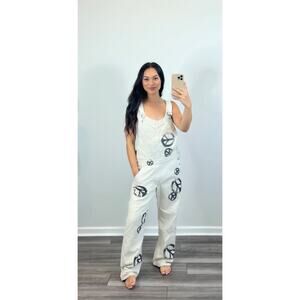 We the Free Ziggy Harmony Overalls in Off White Medium Denim Printed Pockets
